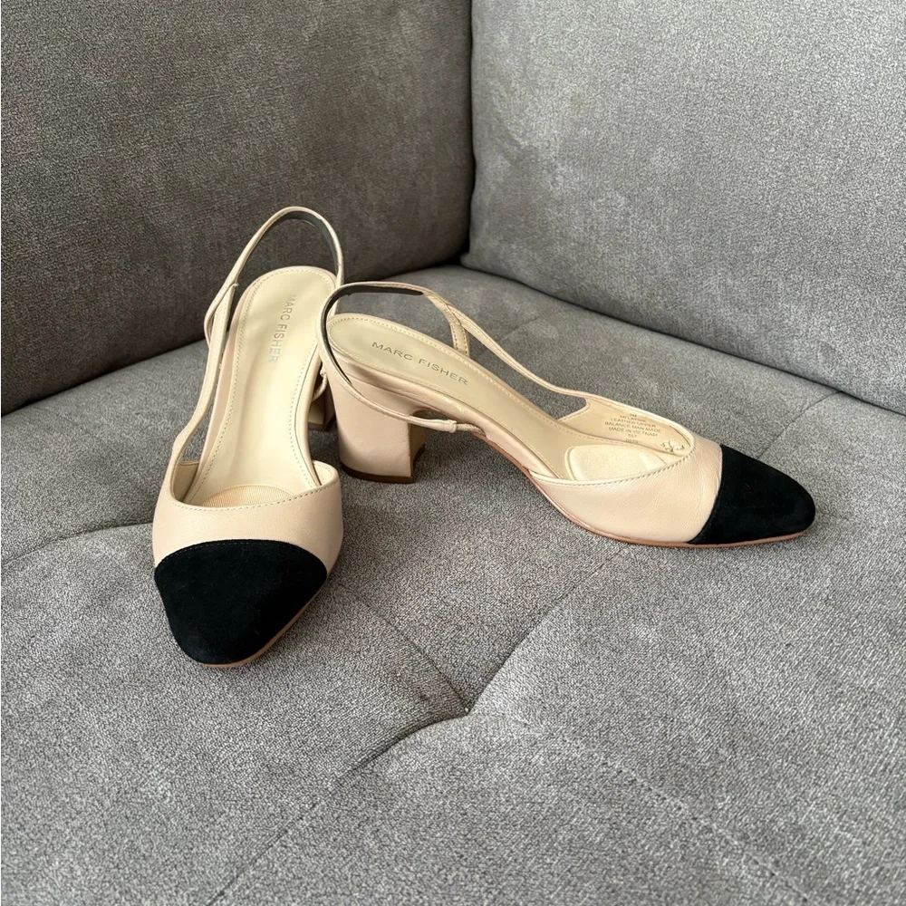 Marc Fisher Black and Cream Slingback Heels - Picture 3 of 4